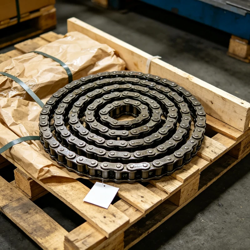 Square product image of an industrial chain coiled for handling and shipment.