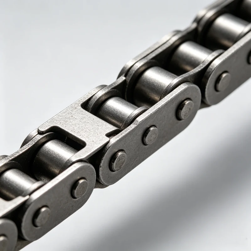 Square close-up product image of a single-strand roller conveyor chain.